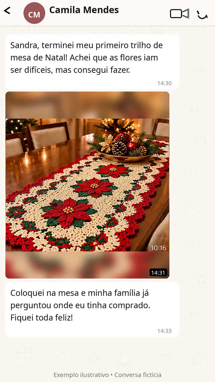 Conversa de WhatsApp em que Camila Mendes mostra um trilho de mesa de Natal creme com barrado vermelho e flores vermelhas em relevo