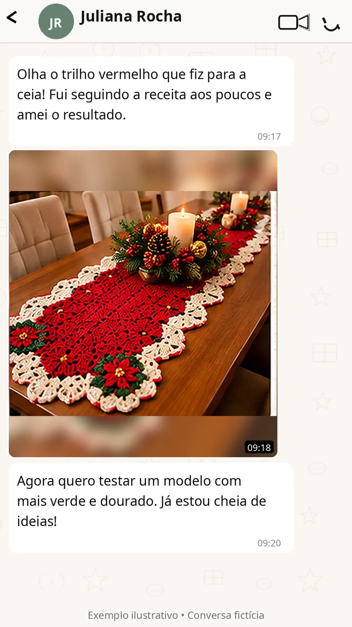 Conversa de WhatsApp em que Juliana Rocha mostra um trilho de mesa vermelho com barrado off-white e flores com miçangas douradas