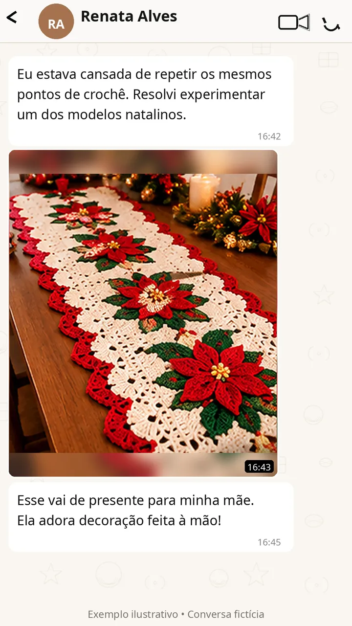 Conversa de WhatsApp em que Renata Alves mostra um trilho de mesa de Natal creme com barrado vermelho ondulado e flores vermelhas