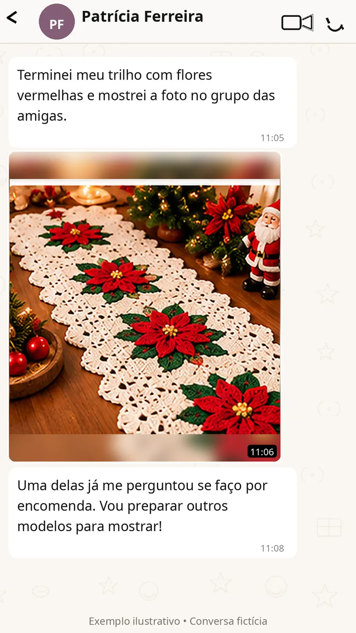 Conversa de WhatsApp em que Patrícia Ferreira mostra um trilho de mesa creme com flores vermelhas em relevo e folhas verdes