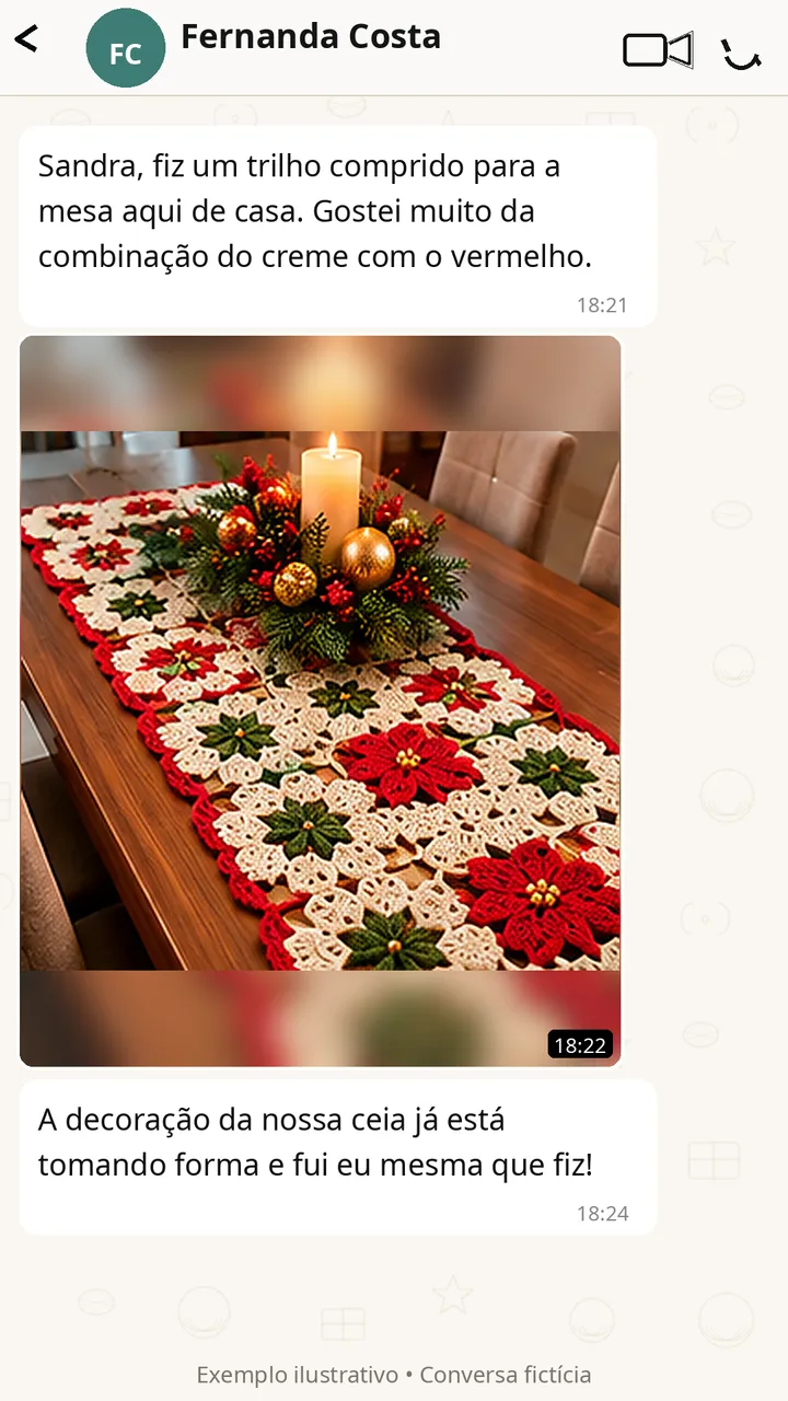 Conversa de WhatsApp em que Fernanda Costa mostra um trilho de mesa comprido de motivos creme com barrado vermelho e flores vermelhas