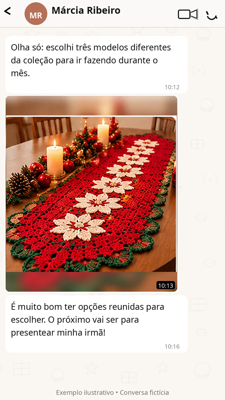 Conversa de WhatsApp em que Márcia Ribeiro mostra um trilho de mesa vermelho com barrado verde e flores creme no centro
